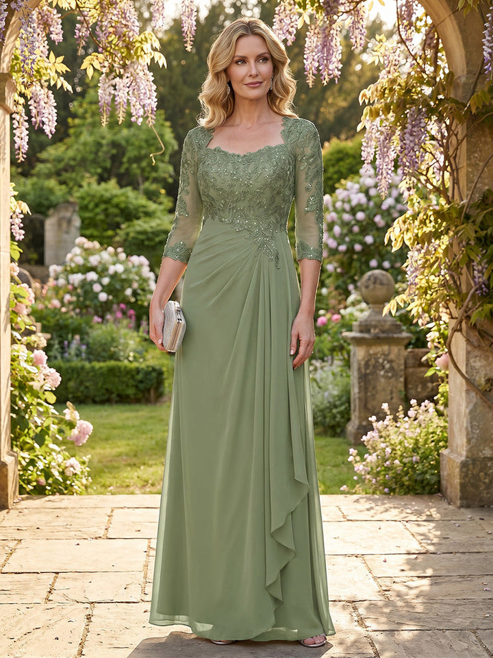 A-Line/Princess Square Neck Chiffon Mother of the Bride Dresses Lace Floor-Length 3/4 Sleeves