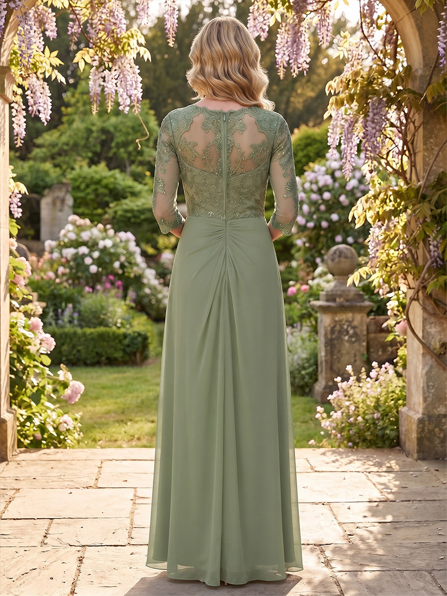 A-Line/Princess Square Neck Chiffon Mother of the Bride Dresses Lace Floor-Length 3/4 Sleeves