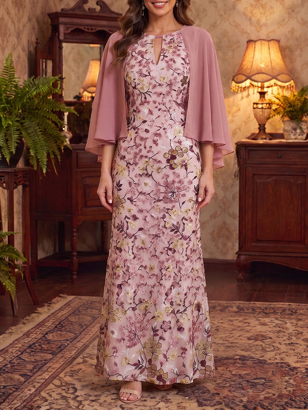 Sheath/Column Scoop Lace Embroidery Mother of the Bride Dresses Floor-Length Cape Sleeves