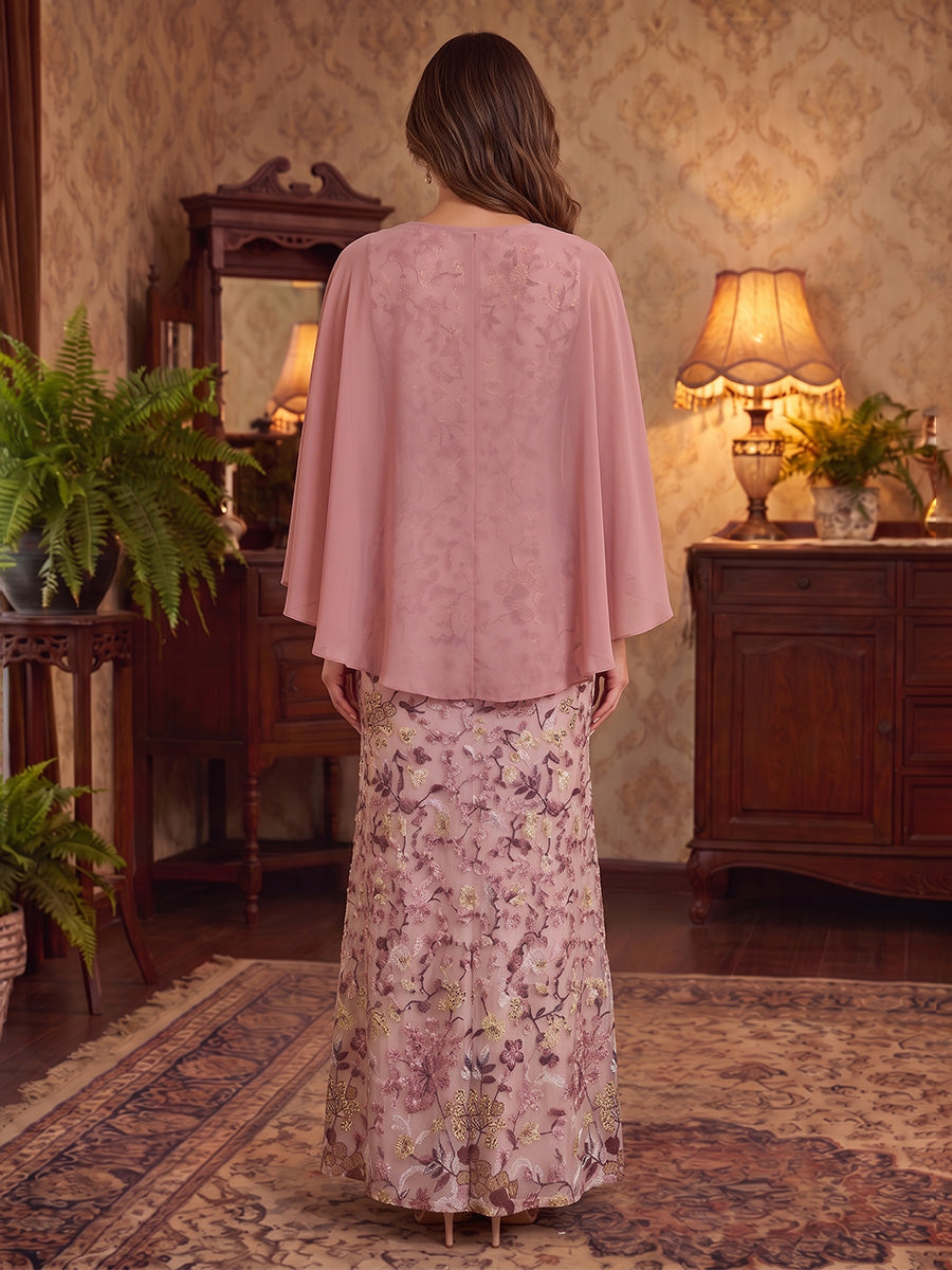Sheath/Column Scoop Lace Embroidery Mother of the Bride Dresses Floor-Length Cape Sleeves