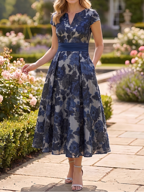 A-Line/Princess V-Neck Floral Chiffon Mother of the Bride Dresses Tea-Length Short Sleeves