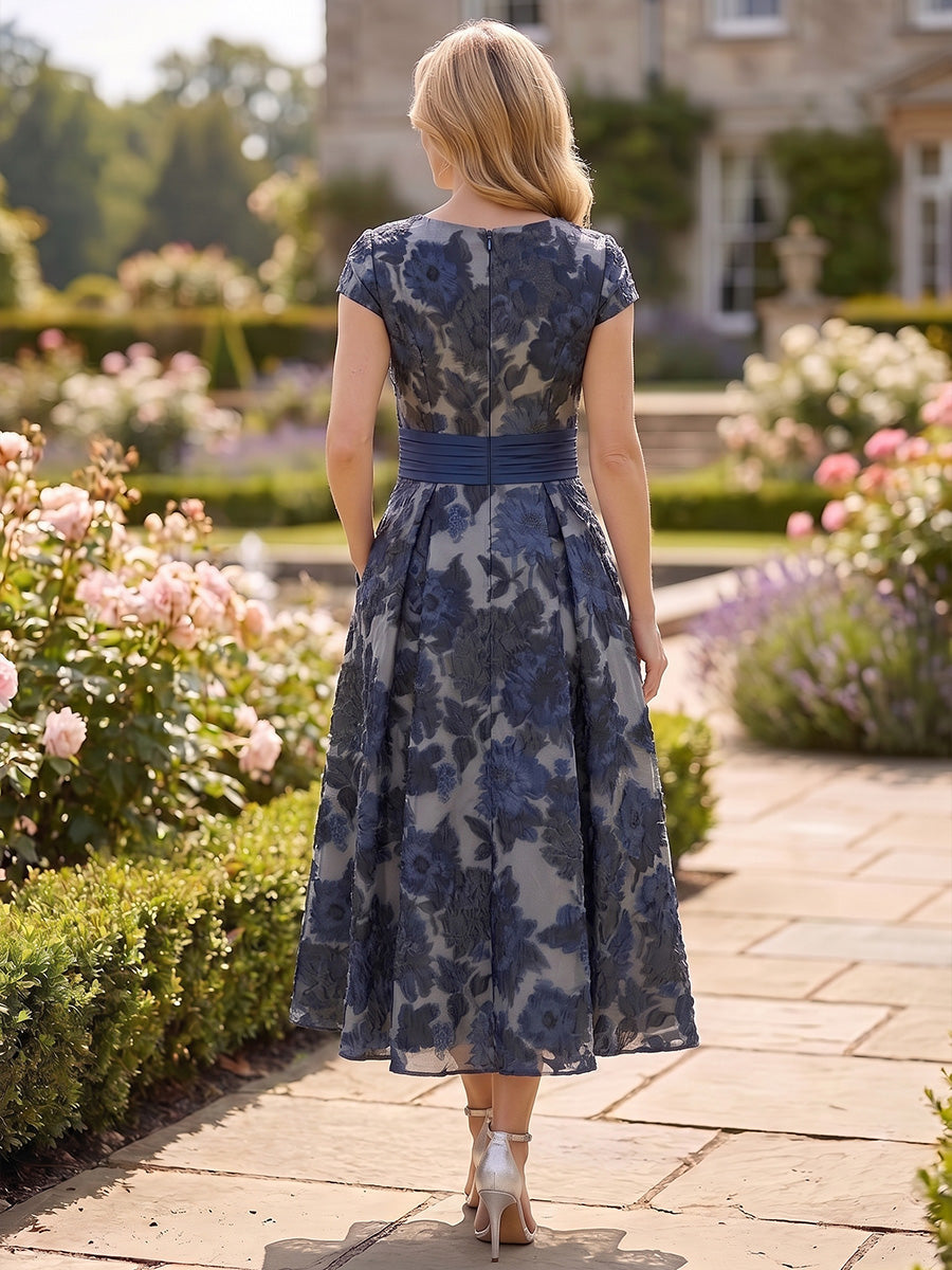A-Line/Princess V-Neck Floral Chiffon Mother of the Bride Dresses Tea-Length Short Sleeves