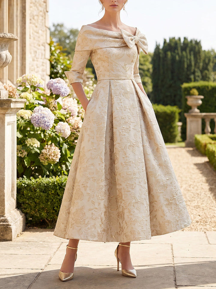 A-Line/Princess Off-the-Shoulder Jacquard Mother of the Bride Dresses Ankle-Length Half Sleeves Bowknot