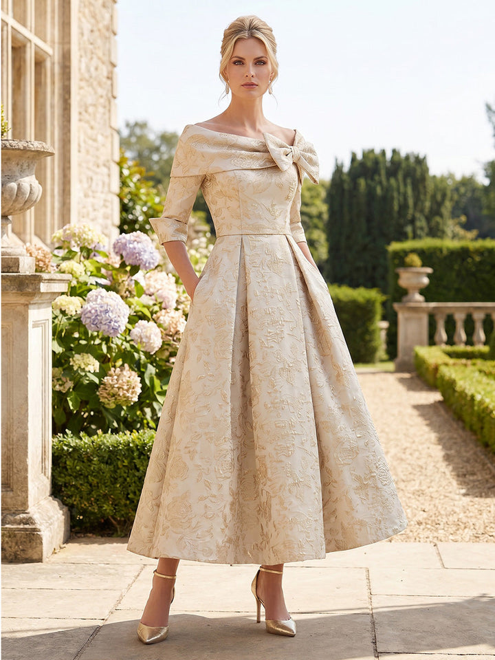 A-Line/Princess Off-the-Shoulder Jacquard Mother of the Bride Dresses Ankle-Length Half Sleeves Bowknot