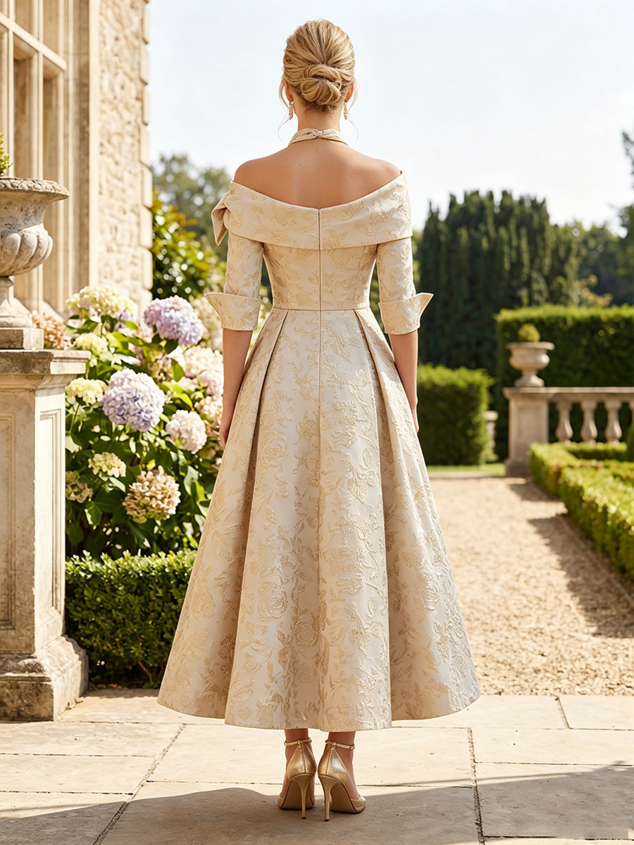 A-Line/Princess Off-the-Shoulder Jacquard Mother of the Bride Dresses Ankle-Length Half Sleeves Bowknot