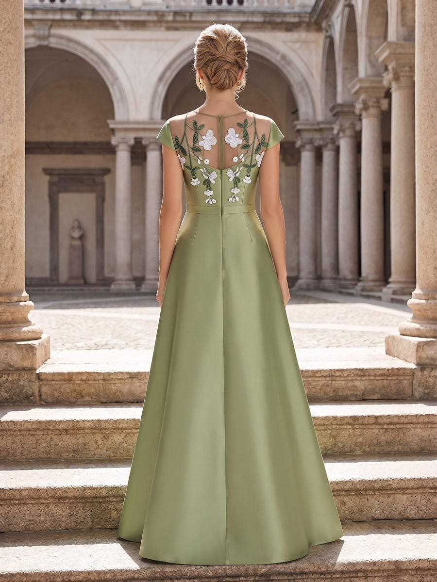 A-Line/Princess Scoop Satin Mother of the Bride Dresses Floor-Length Short Sleeves