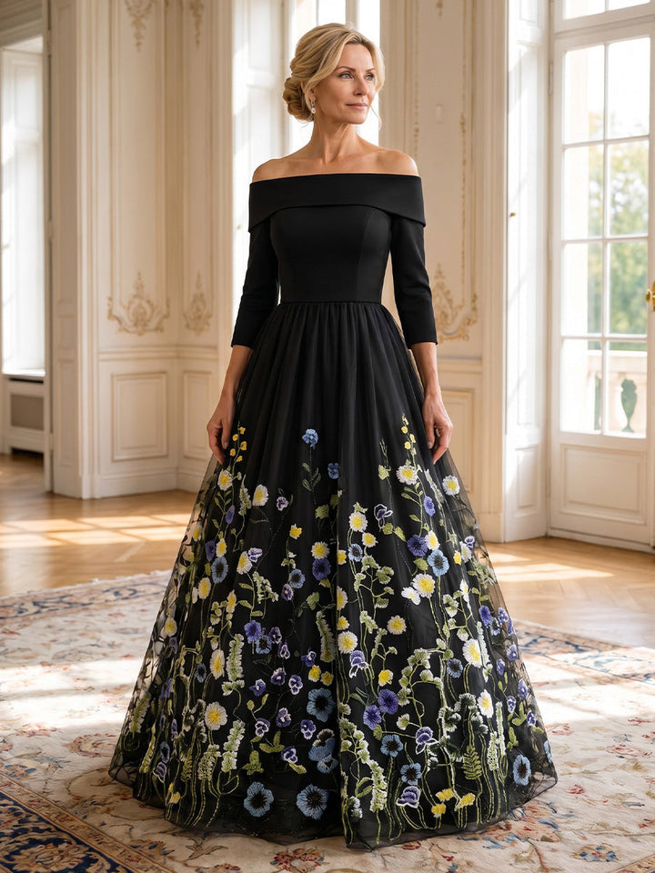 A-Line/Princess Off-the-Shoulder Stretch Satin Mother of the Bride Dresses Floor-Length 3/4 Sleeves Lace Embroidery