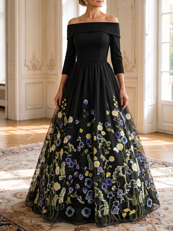 A-Line/Princess Off-the-Shoulder Stretch Satin Mother of the Bride Dresses Floor-Length 3/4 Sleeves Lace Embroidery
