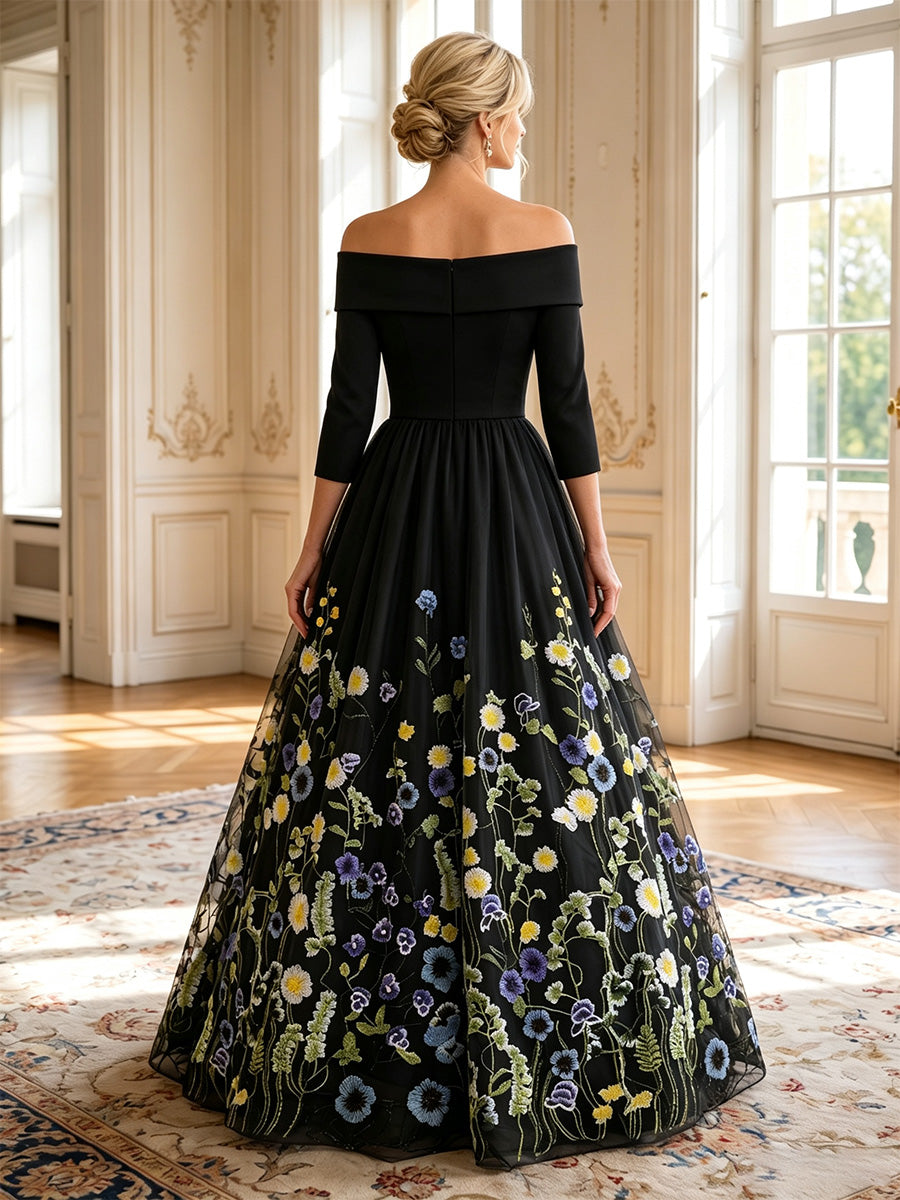 A-Line/Princess Off-the-Shoulder Stretch Satin Mother of the Bride Dresses Floor-Length 3/4 Sleeves Lace Embroidery