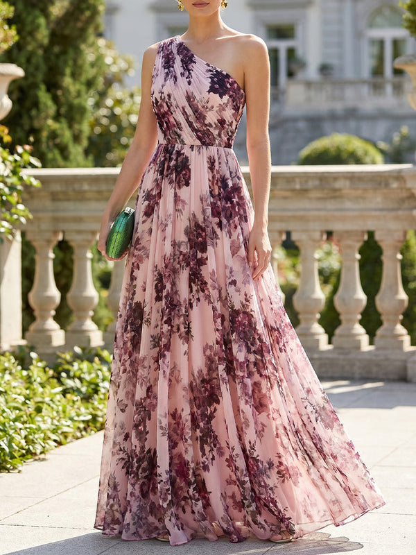 A-Line/Princess One-Shoulder Floral Chiffon Mother of the Bride Dresses Floor-Length Sleeveless