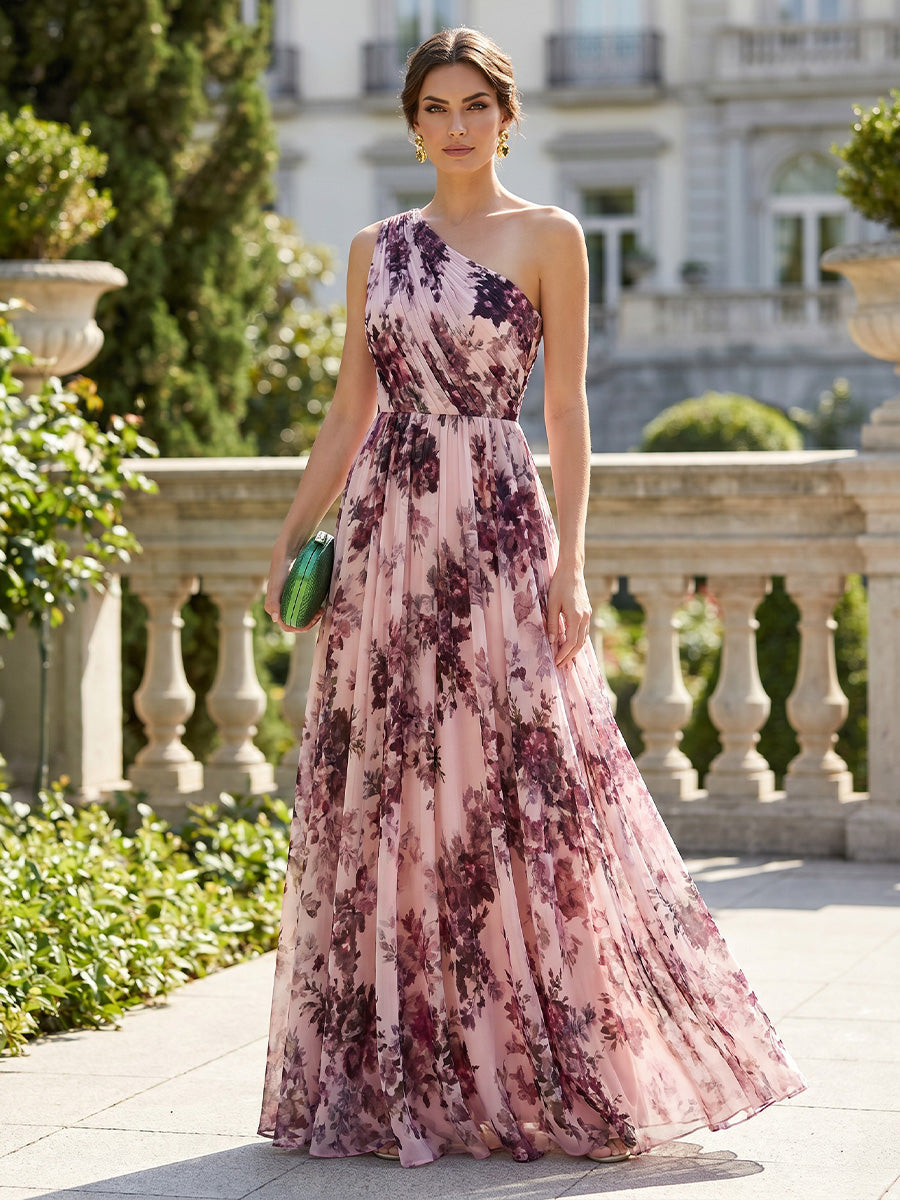 A-Line/Princess One-Shoulder Floral Chiffon Mother of the Bride Dresses Floor-Length Sleeveless