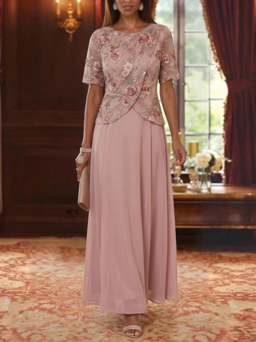 A-Line/Princess Scoop Chiffon Mother of the Bride Dresses Floral Ankle-Length Short Sleeves