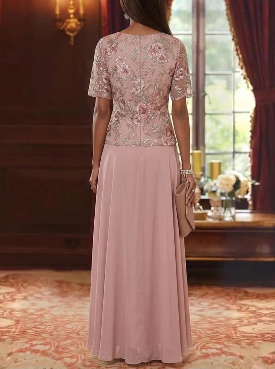 A-Line/Princess Scoop Chiffon Mother of the Bride Dresses Floral Ankle-Length Short Sleeves