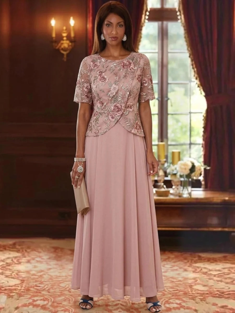 A-Line/Princess Scoop Chiffon Mother of the Bride Dresses Floral Ankle-Length Short Sleeves