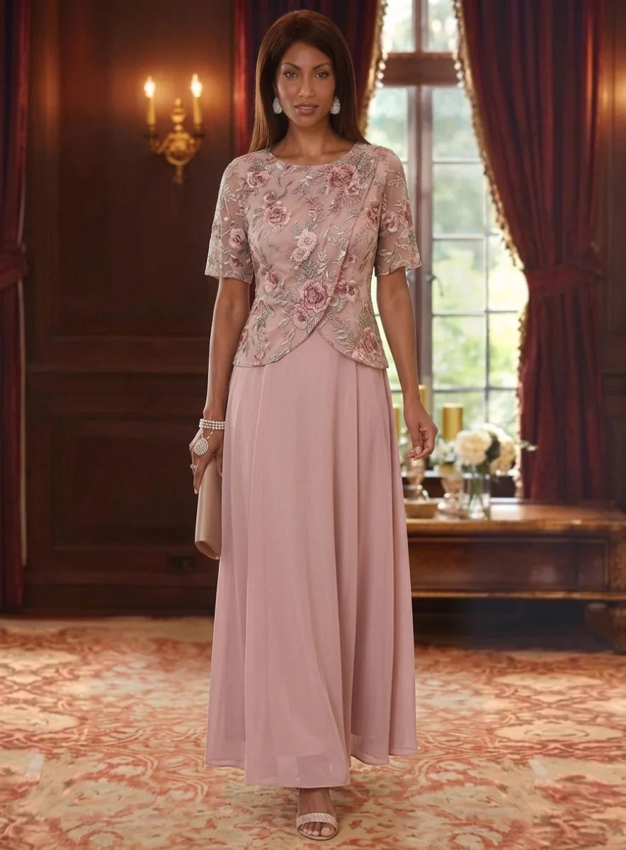 A-Line/Princess Scoop Chiffon Mother of the Bride Dresses Floral Ankle-Length Short Sleeves