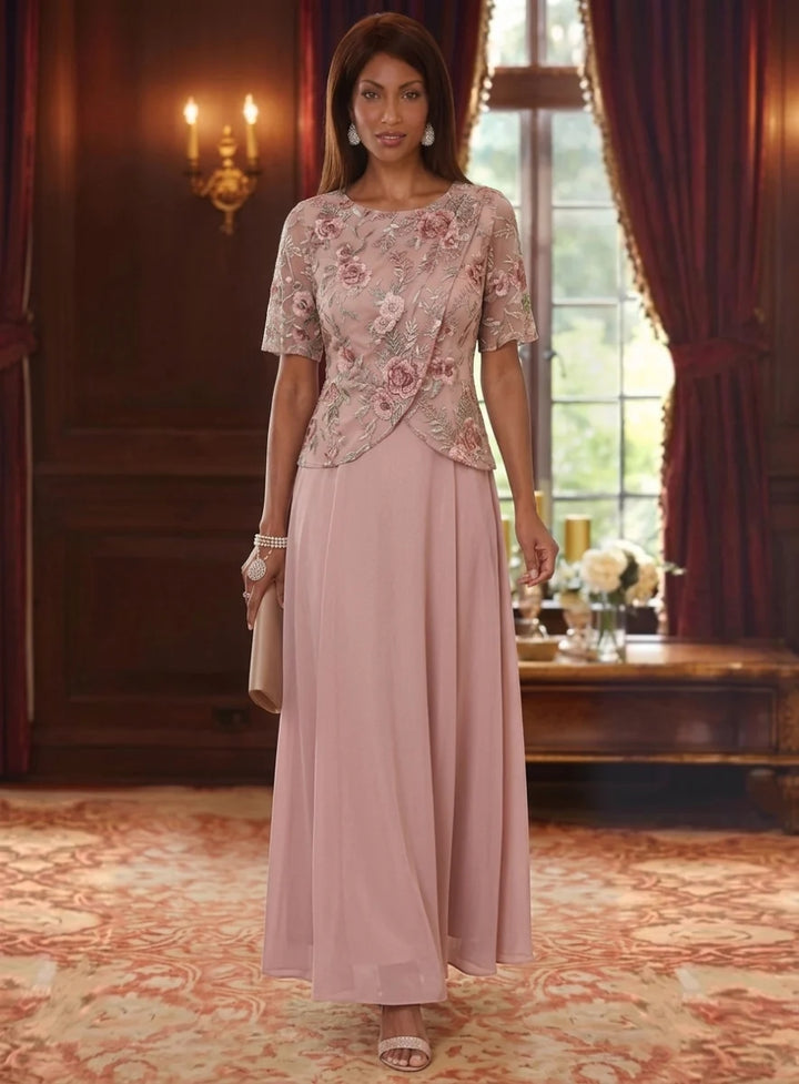 A-Line/Princess Scoop Chiffon Mother of the Bride Dresses Floral Ankle-Length Short Sleeves