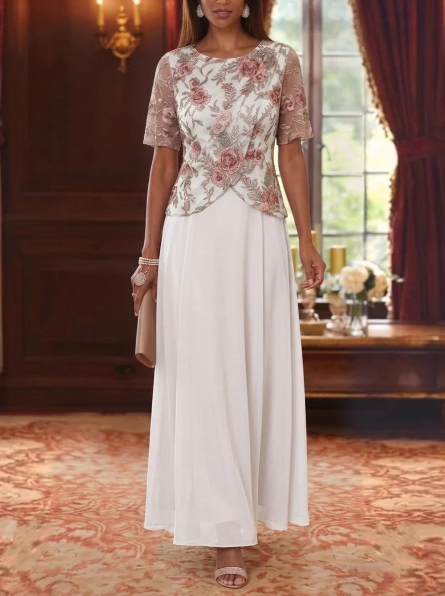 A-Line/Princess Scoop Chiffon Mother of the Bride Dresses Floral Ankle-Length Short Sleeves