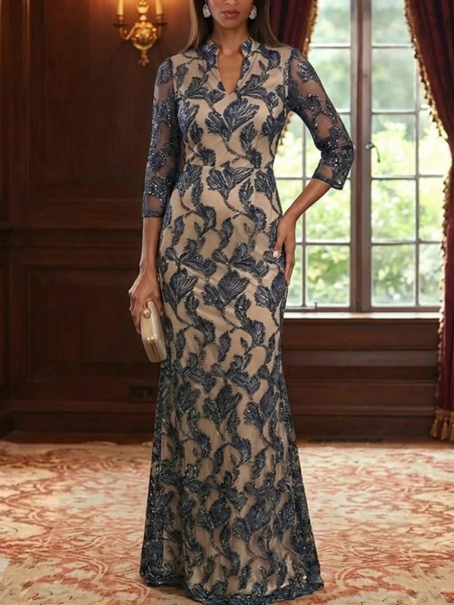 Sheath/Column V-Neck Mother of the Bride Dresses Organza Jacquard Floral Floor-Length 3/4 Sleeves