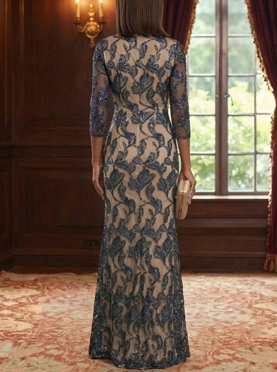Sheath/Column V-Neck Mother of the Bride Dresses Organza Jacquard Floral Floor-Length 3/4 Sleeves