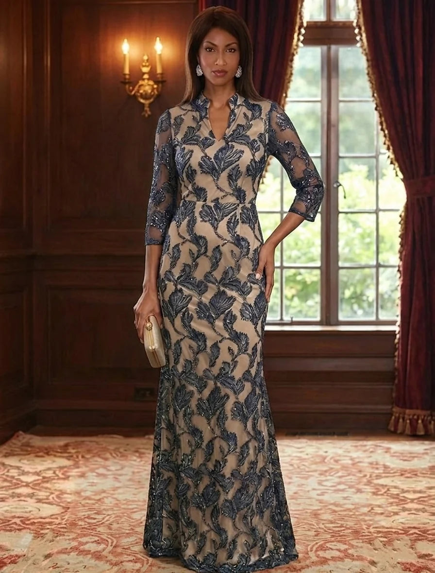 Sheath/Column V-Neck Mother of the Bride Dresses Organza Jacquard Floral Floor-Length 3/4 Sleeves