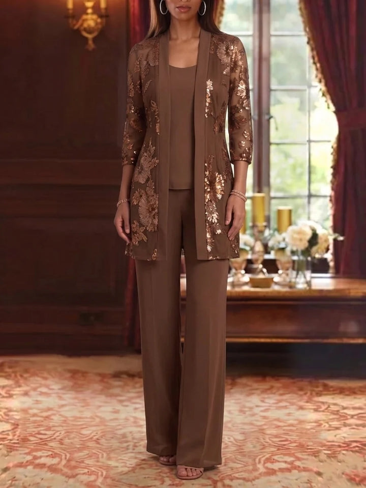 3 Pieces Scoop Chiffon Mother of the Bride Pantsuits 3/4 Sleeves Floral Lace Embroidery Floor-Length