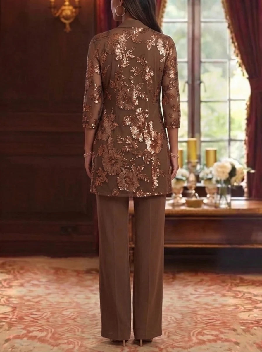 3 Pieces Scoop Chiffon Mother of the Bride Pantsuits 3/4 Sleeves Floral Lace Embroidery Floor-Length