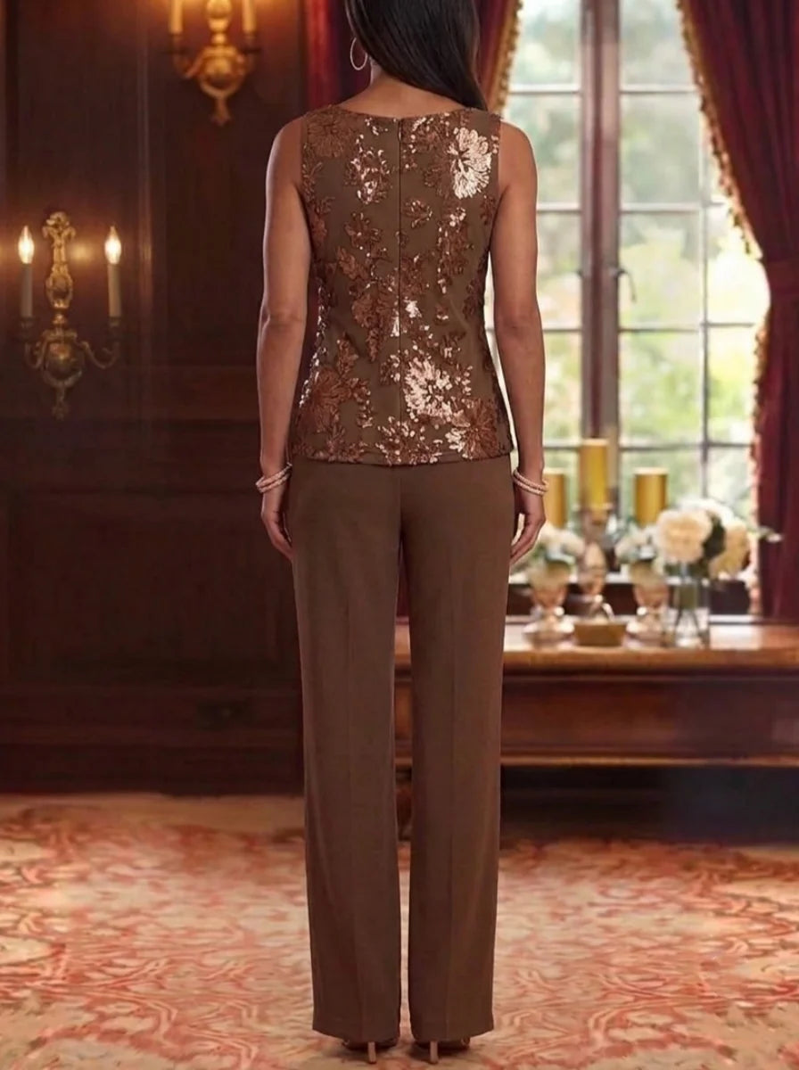 3 Pieces Scoop Chiffon Mother of the Bride Pantsuits 3/4 Sleeves Floral Lace Embroidery Floor-Length
