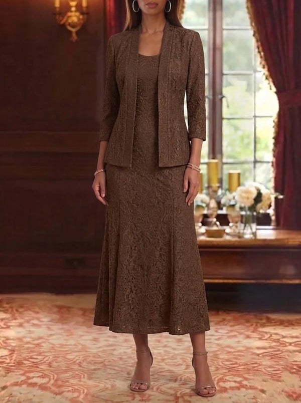 Trumpet/Mermaid Scoop Lace Mother of the Bride Dresses with Jacket Tea-Length 3/4 Sleeves