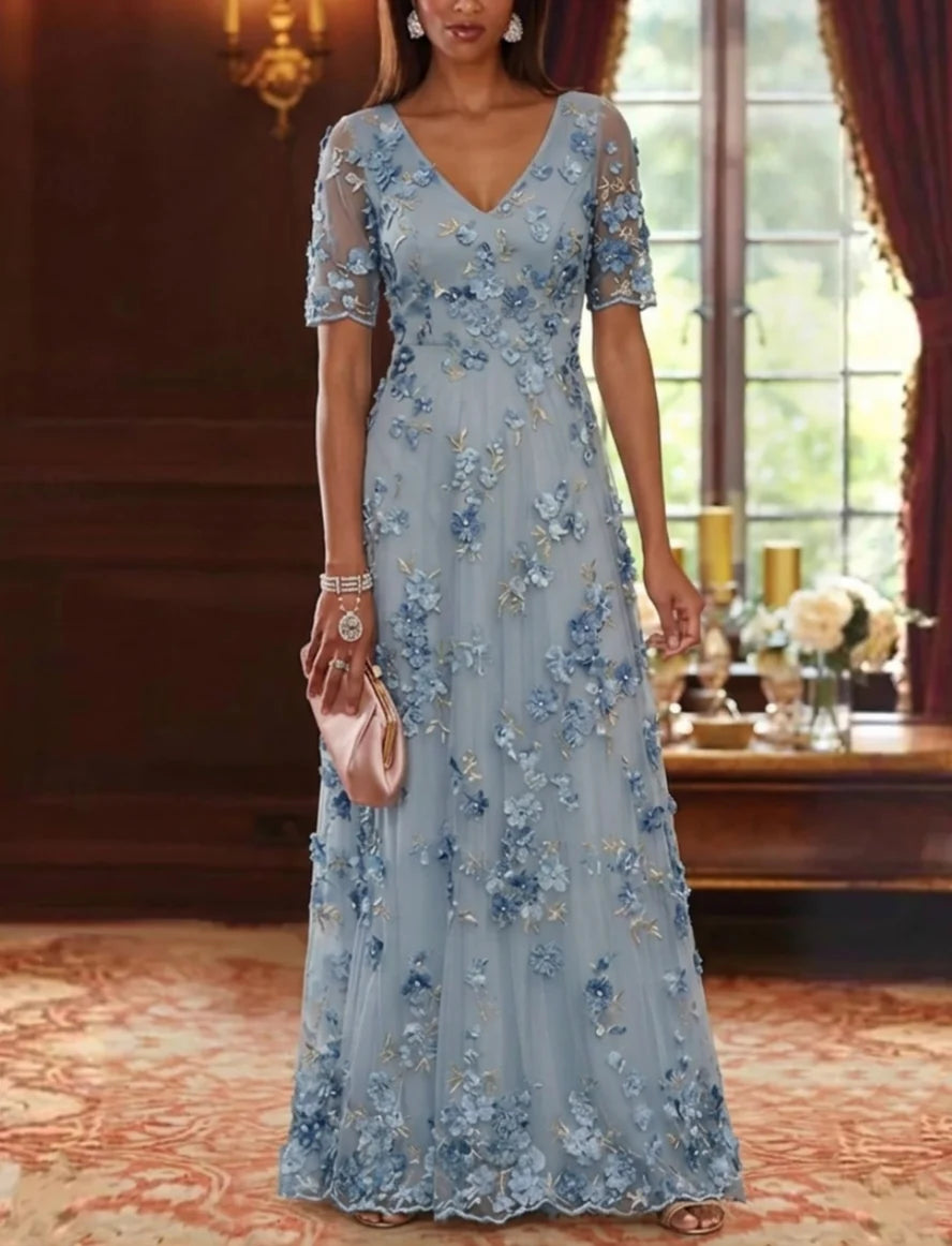 A-Line/Princess V-Neck Chiffon Mother of the Bride Dresses Lace Floral Floor-Length Short Sleeves