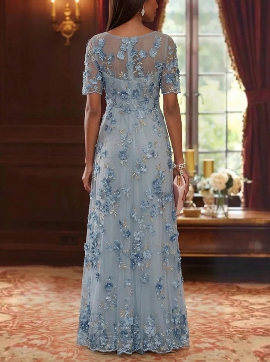 A-Line/Princess V-Neck Chiffon Mother of the Bride Dresses Lace Floral Floor-Length Short Sleeves