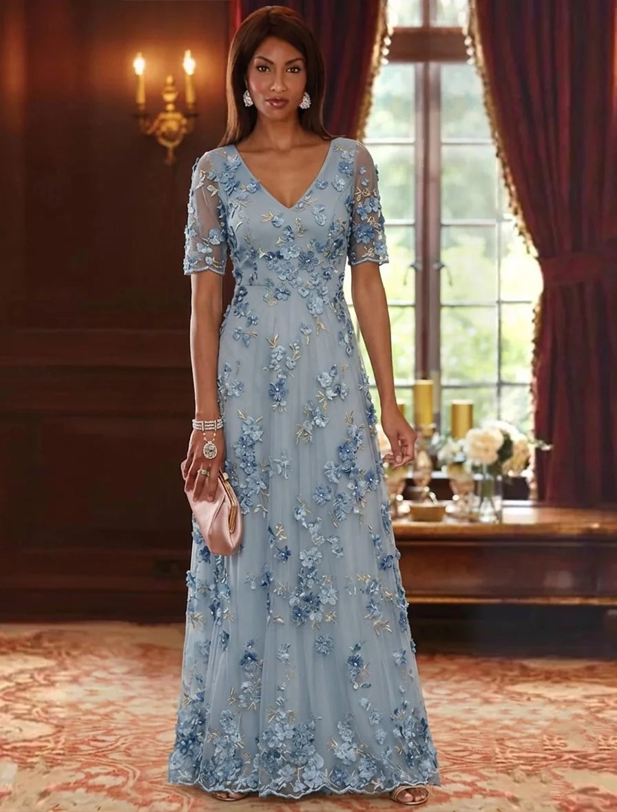 A-Line/Princess V-Neck Chiffon Mother of the Bride Dresses Lace Floral Floor-Length Short Sleeves