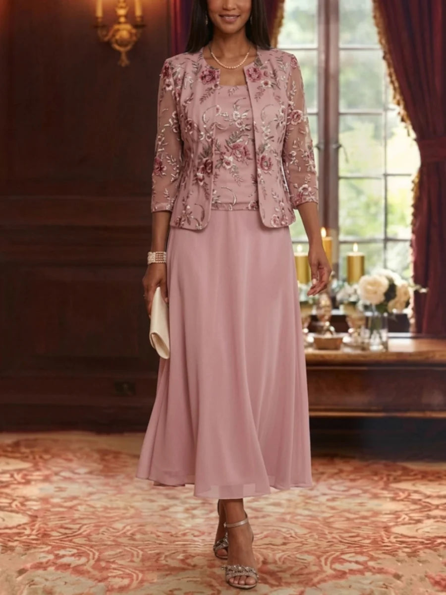 2 Pieces A-Line/Princess Scoop Chiffon Mother of the Bride Dresses with Jacket Floral Tea-Length 3/4 Sleeves