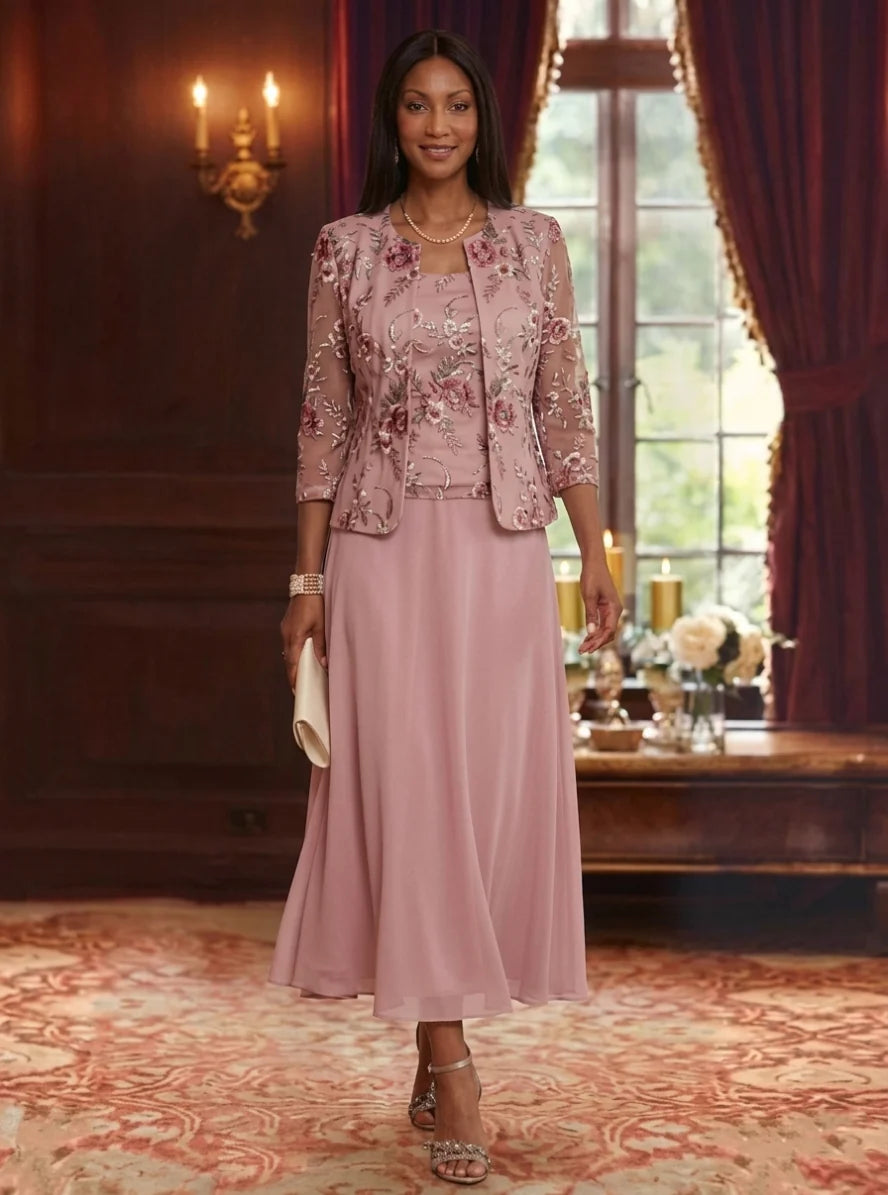 2 Pieces A-Line/Princess Scoop Chiffon Mother of the Bride Dresses with Jacket Floral Tea-Length 3/4 Sleeves