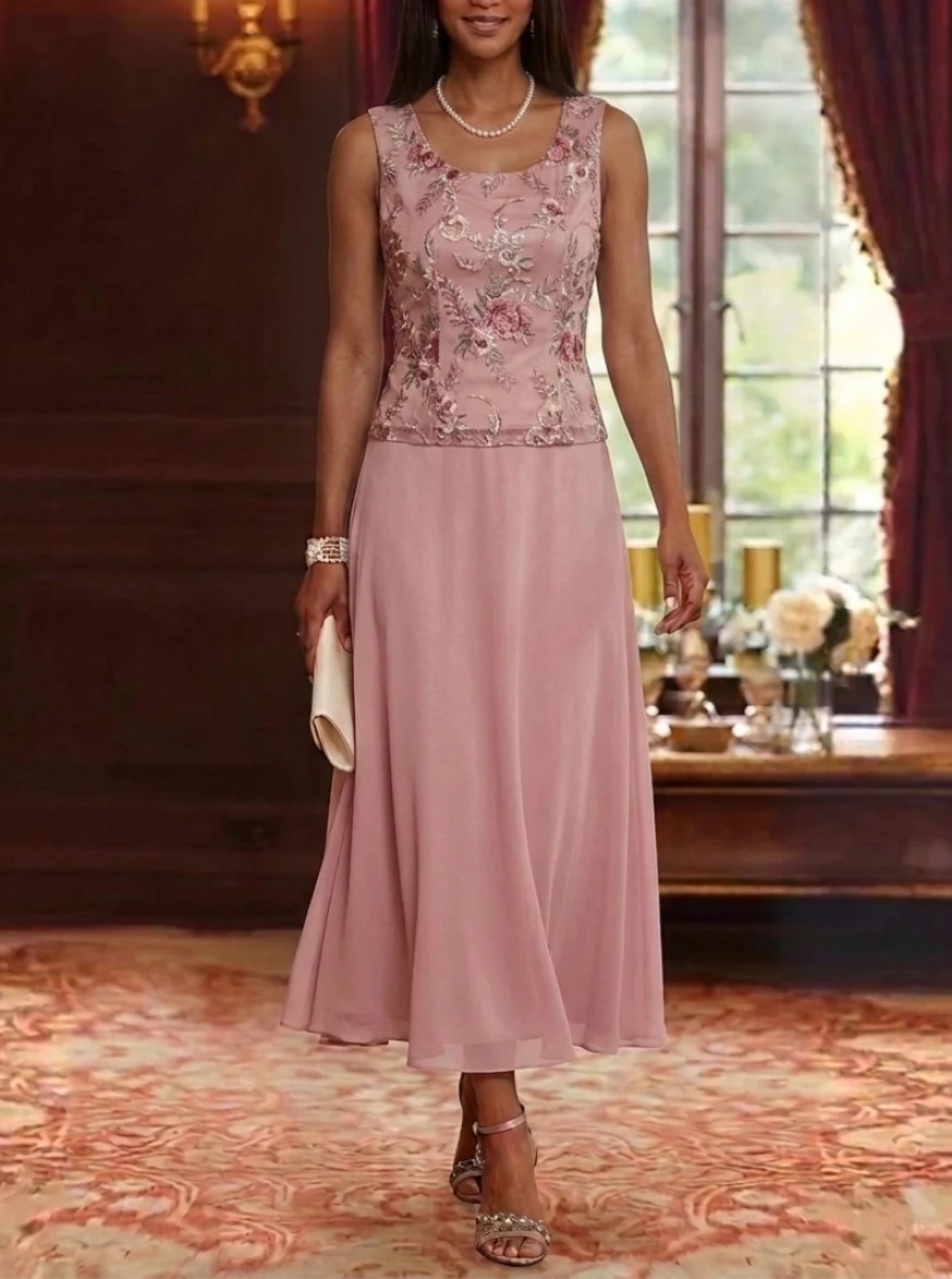 2 Pieces A-Line/Princess Scoop Chiffon Mother of the Bride Dresses with Jacket Floral Tea-Length 3/4 Sleeves