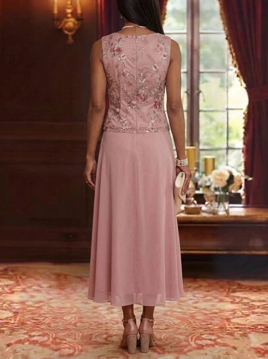 2 Pieces A-Line/Princess Scoop Chiffon Mother of the Bride Dresses with Jacket Floral Tea-Length 3/4 Sleeves