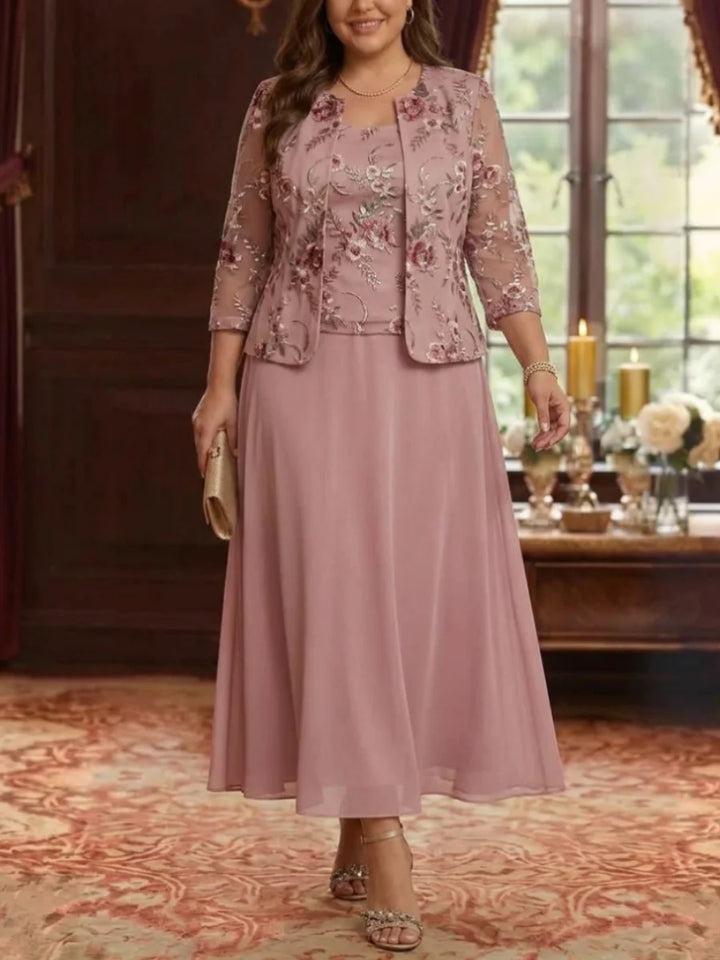 2 Pieces A-Line/Princess Scoop Chiffon Plus Size Mother of the Bride Dresses with Jacket Floral Tea-Length 3/4 Sleeves