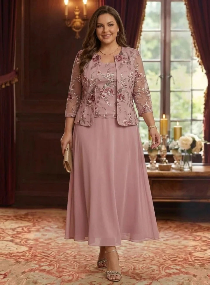2 Pieces A-Line/Princess Scoop Chiffon Plus Size Mother of the Bride Dresses with Jacket Floral Tea-Length 3/4 Sleeves