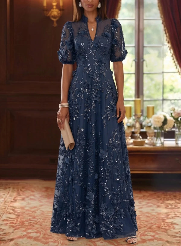 A-Line/Princess V-Neck Mother of the Bride Dresses 3D Flowers Embroidery Floor-Length Short Sleeves
