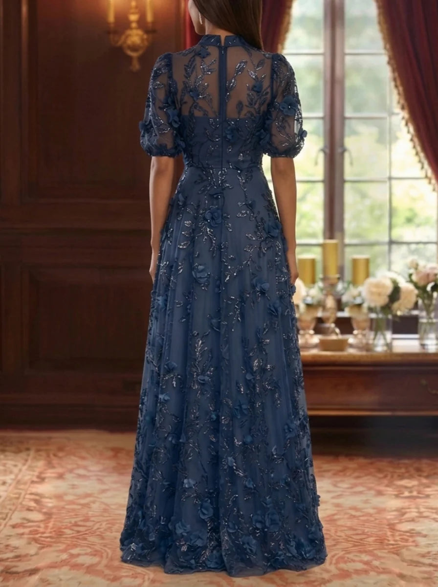 A-Line/Princess V-Neck Mother of the Bride Dresses 3D Flowers Embroidery Floor-Length Short Sleeves
