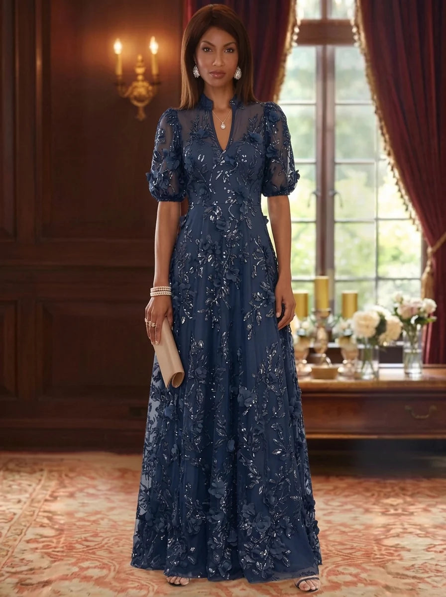A-Line/Princess V-Neck Mother of the Bride Dresses 3D Flowers Embroidery Floor-Length Short Sleeves