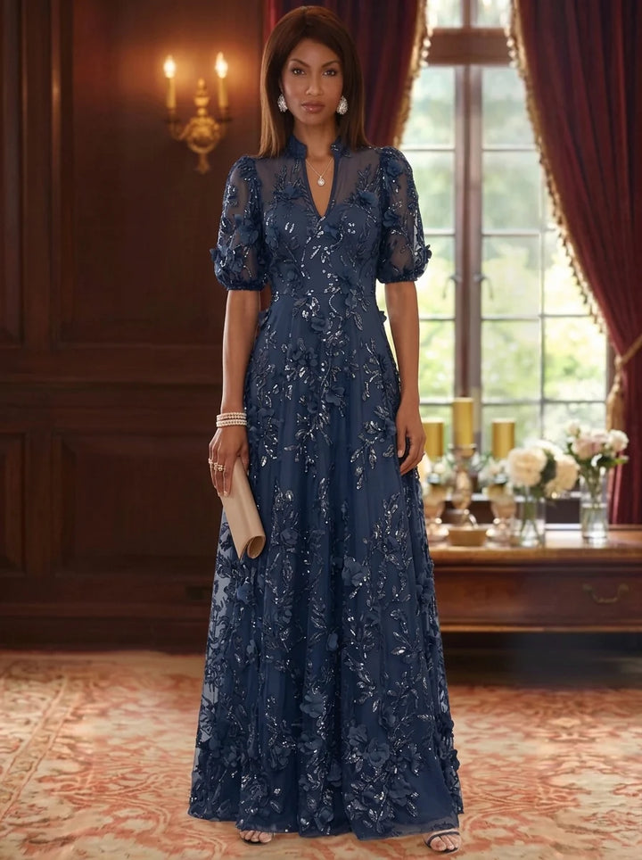 A-Line/Princess V-Neck Mother of the Bride Dresses 3D Flowers Embroidery Floor-Length Short Sleeves