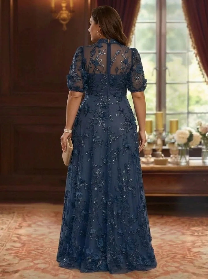 A-Line/Princess V-Neck Plus Size Mother of the Bride Dresses 3D Flowers Embroidery Floor-Length Short Sleeves