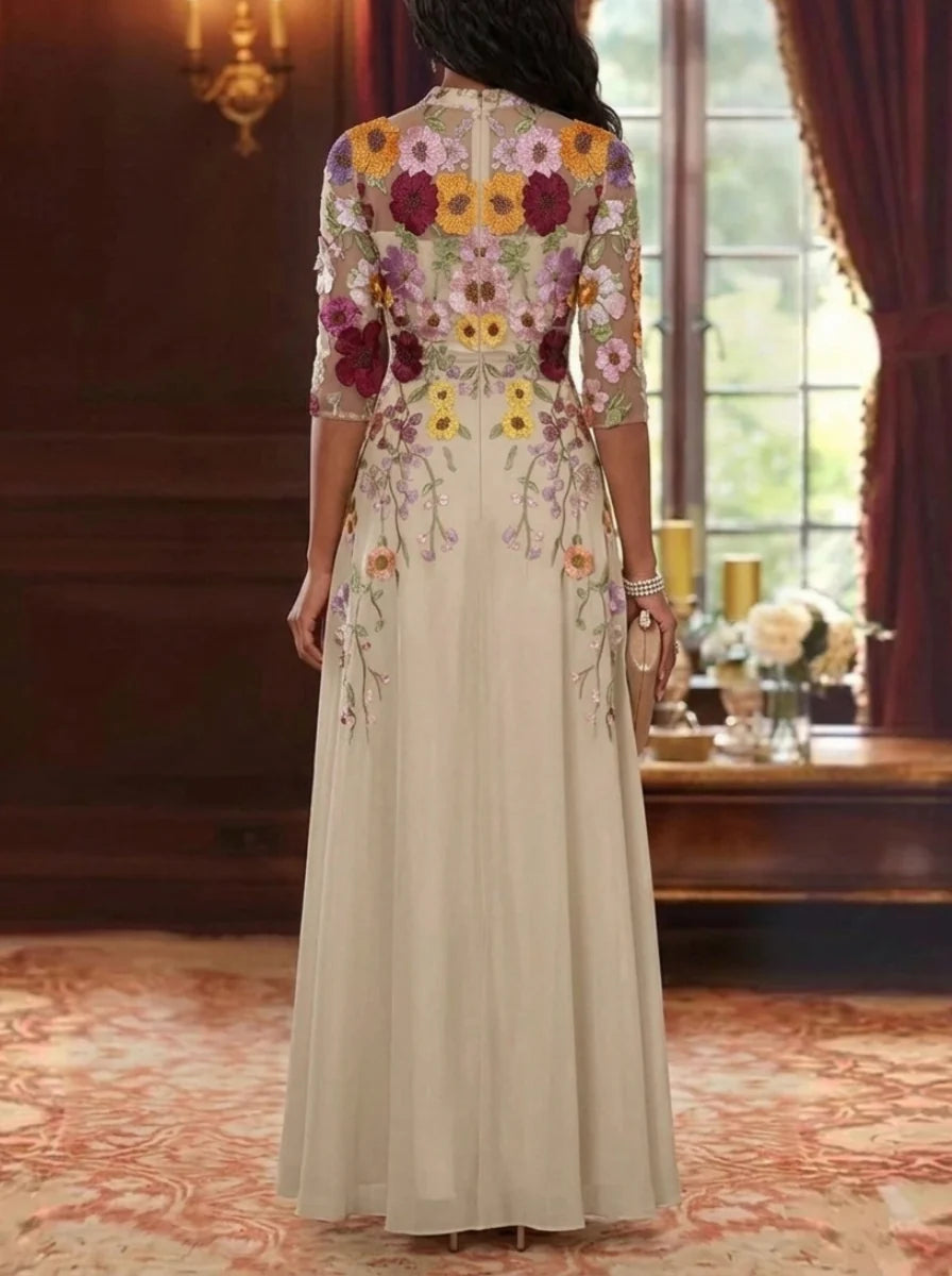 A-Line/Princess V-Neck Chiffon Mother of the Bride Dresses Lace Floral Floor-Length Half Sleeves