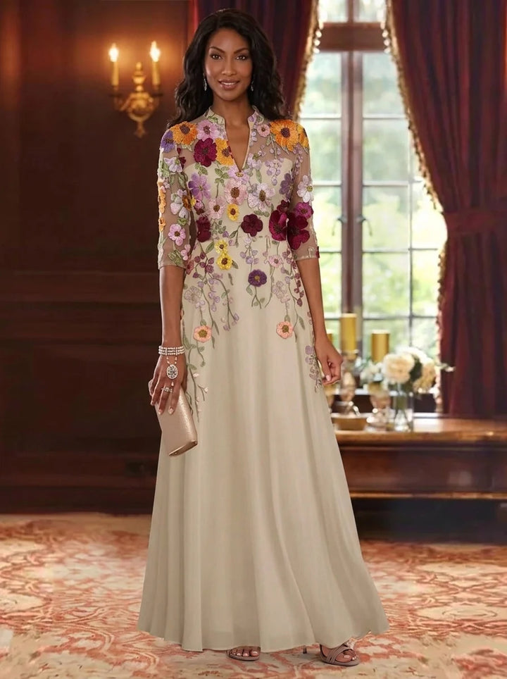 A-Line/Princess V-Neck Chiffon Mother of the Bride Dresses Lace Floral Floor-Length Half Sleeves