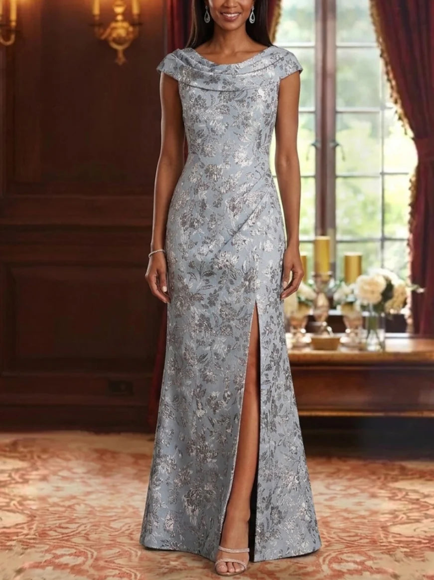 Sheath/Column Cowl Neck Jacquard Mother of the Bride Dresses with Split Side Floral Floor-Length Sleeveless