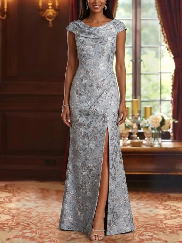 Sheath/Column Cowl Neck Jacquard Mother of the Bride Dresses with Split Side Floral Floor-Length Sleeveless