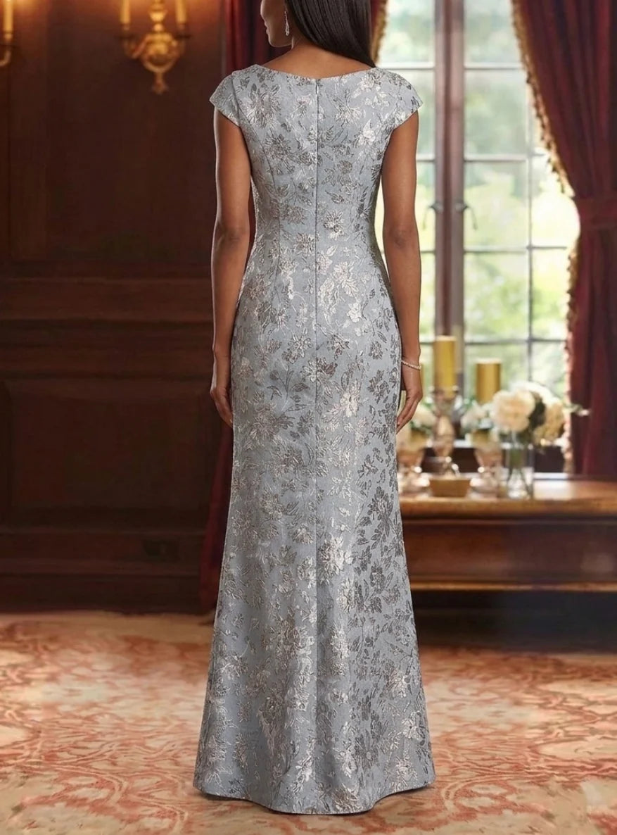 Sheath/Column Cowl Neck Jacquard Mother of the Bride Dresses with Split Side Floral Floor-Length Sleeveless