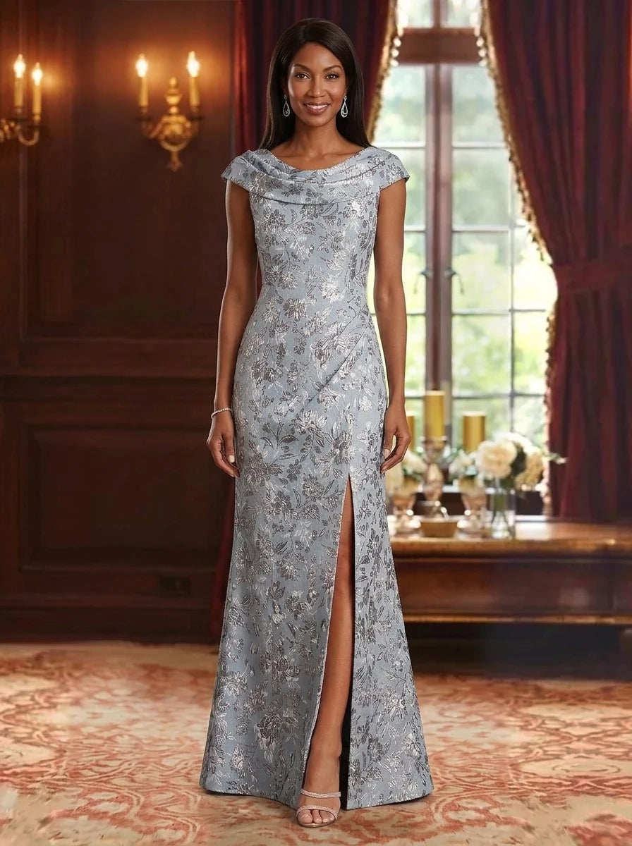Sheath/Column Cowl Neck Jacquard Mother of the Bride Dresses with Split Side Floral Floor-Length Sleeveless