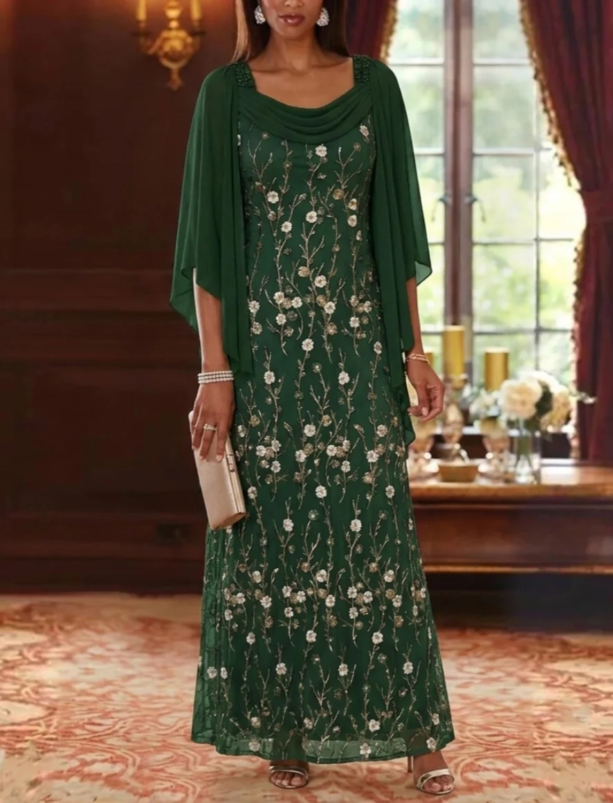 A-Line/Princess Cowl Neck Lace Embroidery Mother of the Bride Dresses Floral Ankle-Length Cape Sleeves