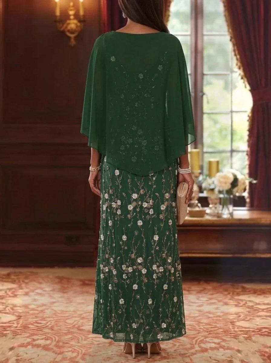 A-Line/Princess Cowl Neck Lace Embroidery Mother of the Bride Dresses Floral Ankle-Length Cape Sleeves